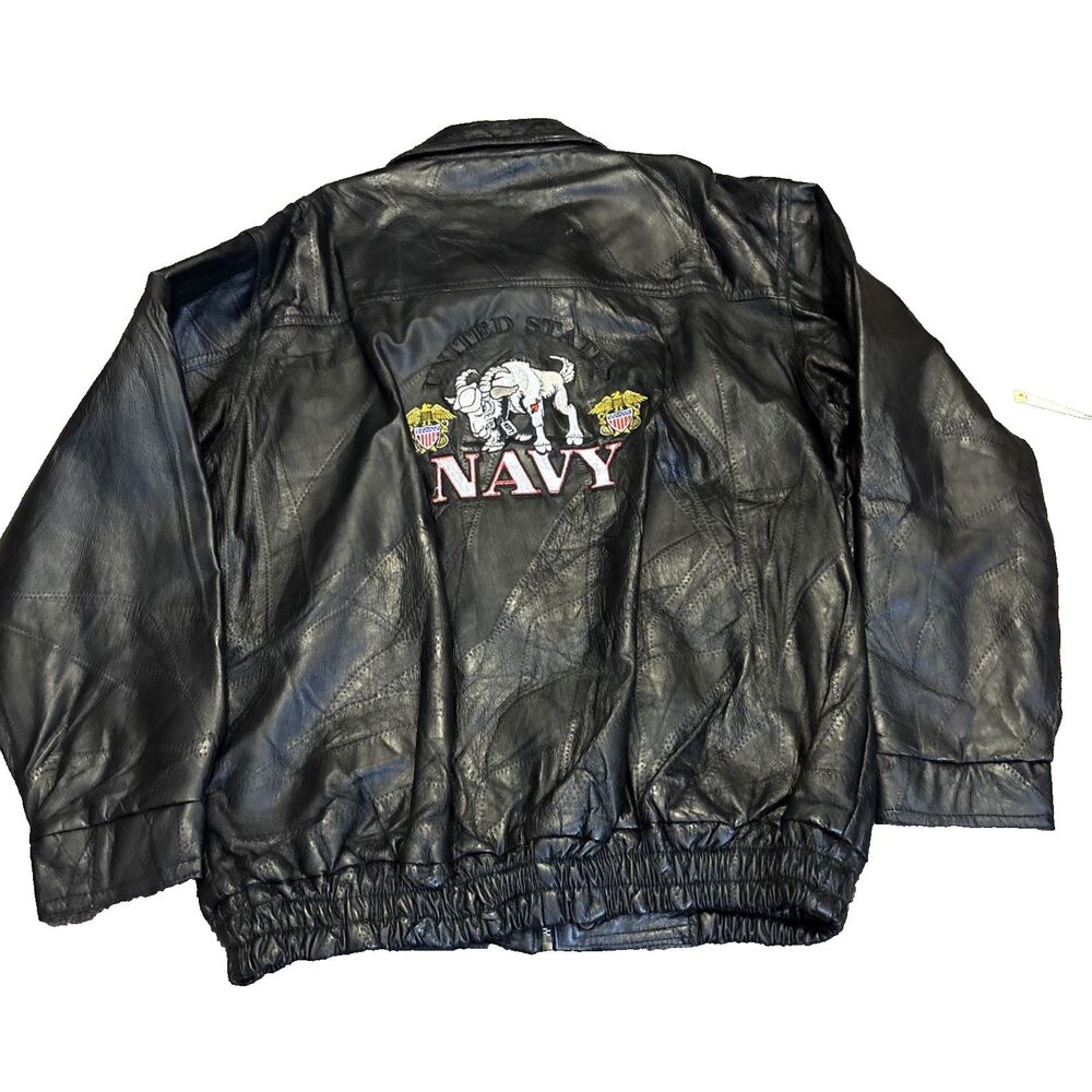 Navy  Jacket  genuine  leather with design in back Large